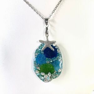 Handmade Ocean Resin Pendant Necklace w/ Starfish Charm | Blue Green Jewelry